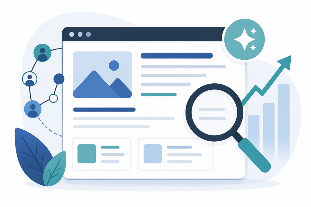 Clean graphic showing AI-assisted SEO content, search visibility, structured articles, and internal links.