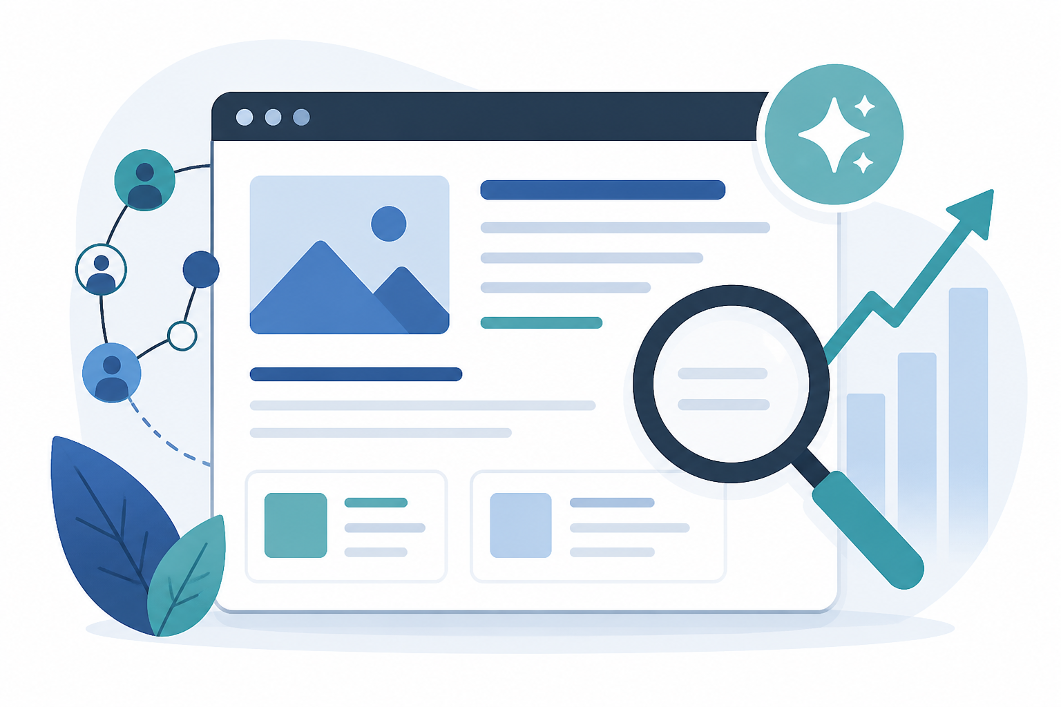 Clean graphic showing AI-assisted SEO content, search visibility, structured articles, and internal links.