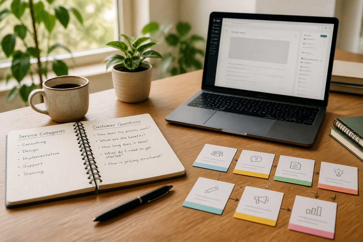 Service-based blog topic planning notes beside a laptop article draft