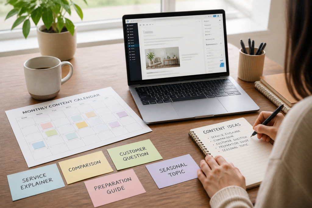 Monthly content calendar with blog topic categories for a local business