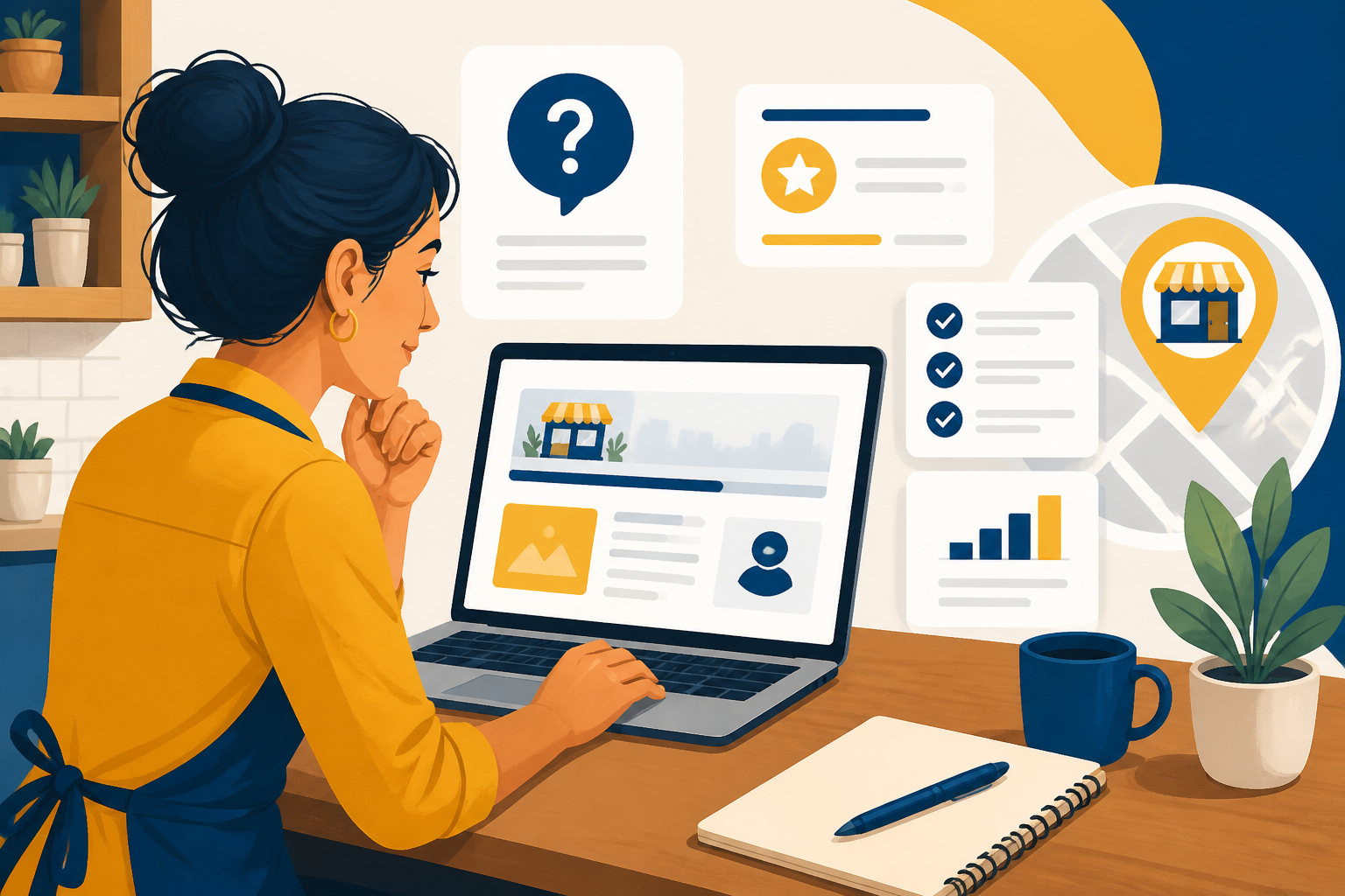 Illustration of a business owner planning helpful website content on a laptop.