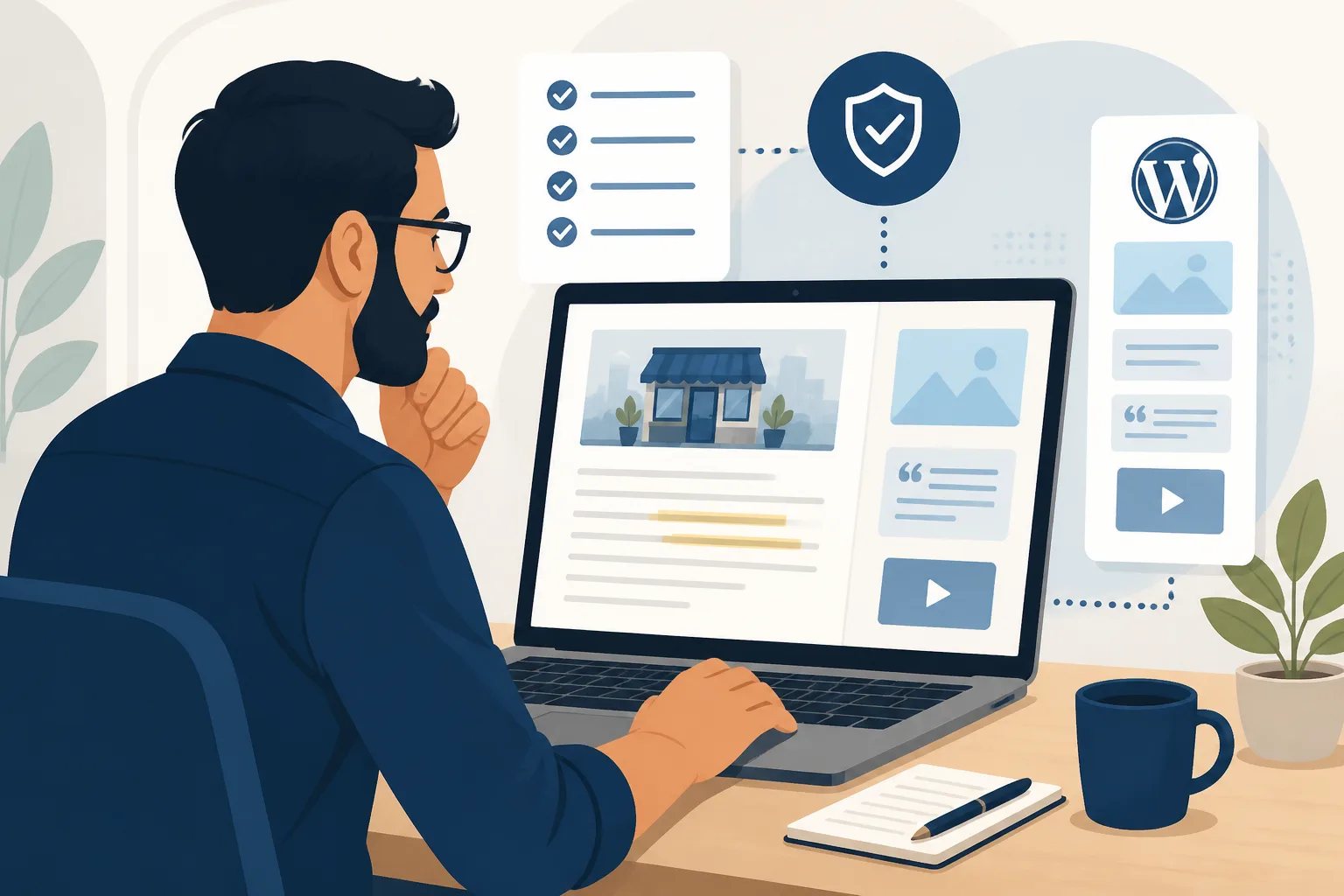 Illustration of a business owner editing a blog post with a checklist for clarity and accuracy.