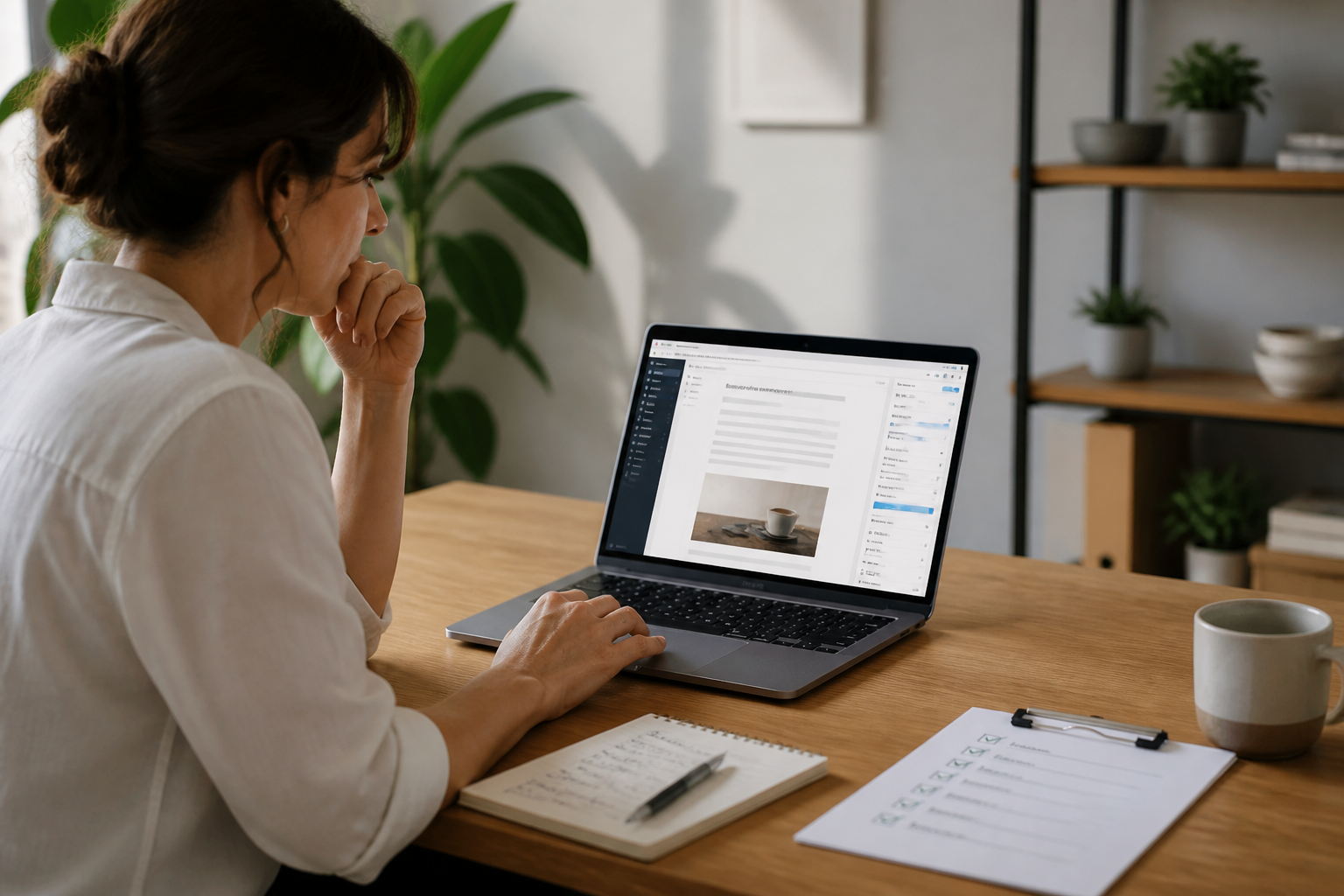 Business owner reviewing an AI-written article on a laptop before publishing