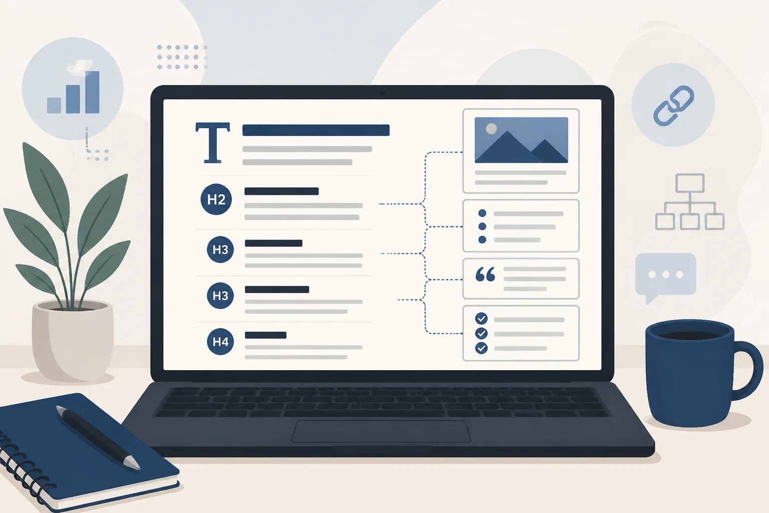 Illustration of a structured business blog article with headings, content sections, and a publishing checklist.