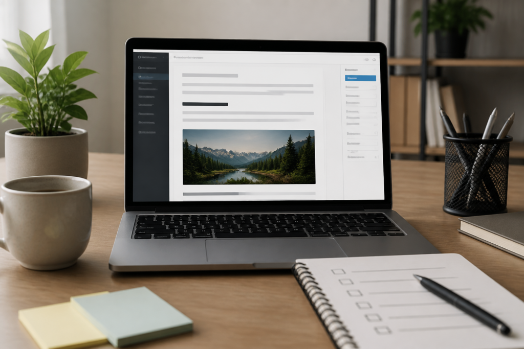 Laptop displaying a structured WordPress article beside a publishing checklist