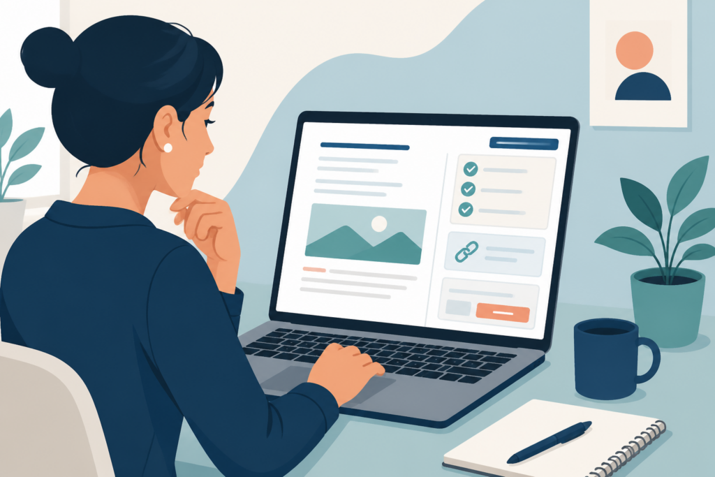 Illustration of a business owner reviewing a WordPress article checklist on a laptop.