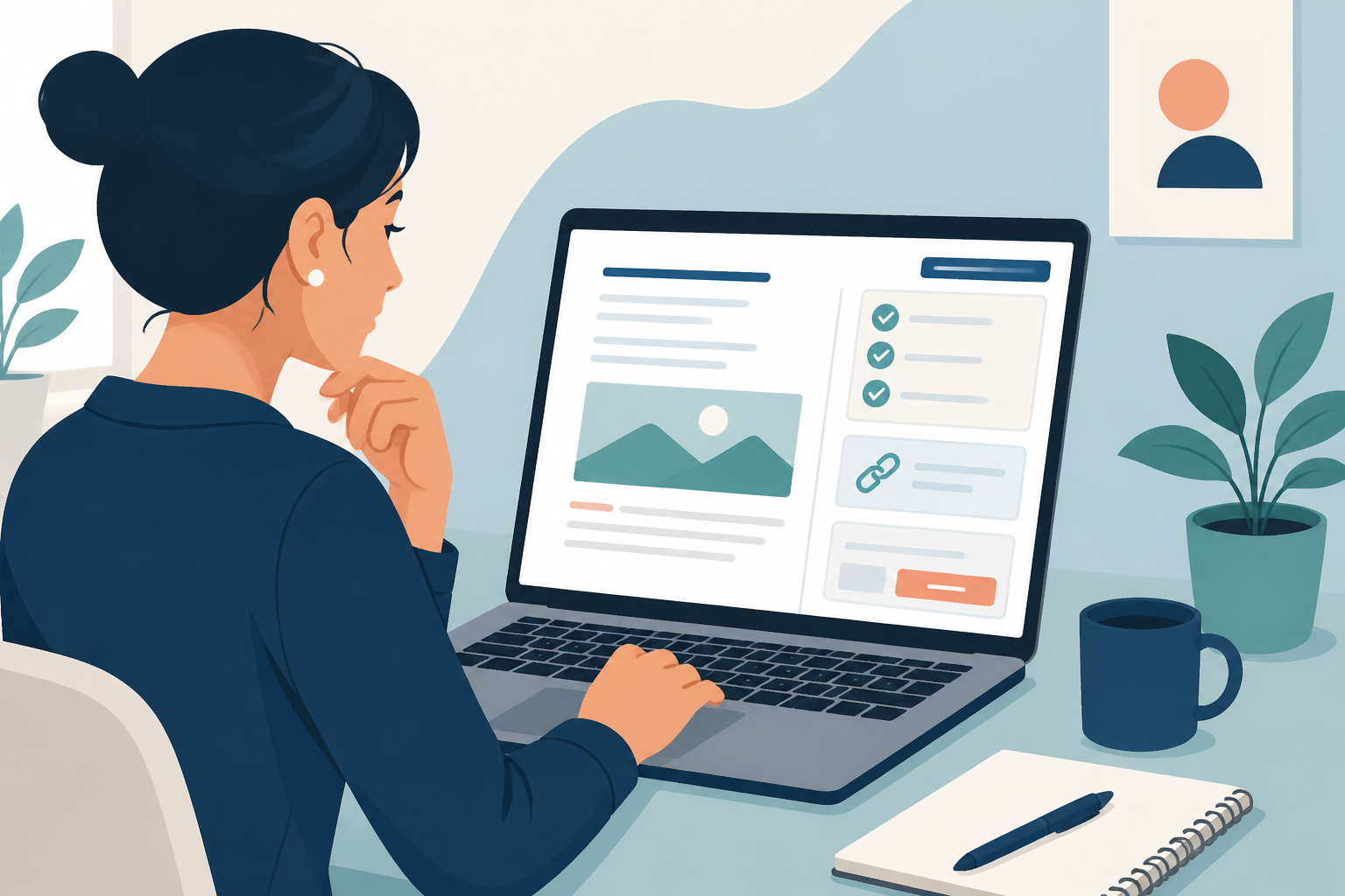 Illustration of a business owner reviewing a WordPress article checklist on a laptop.