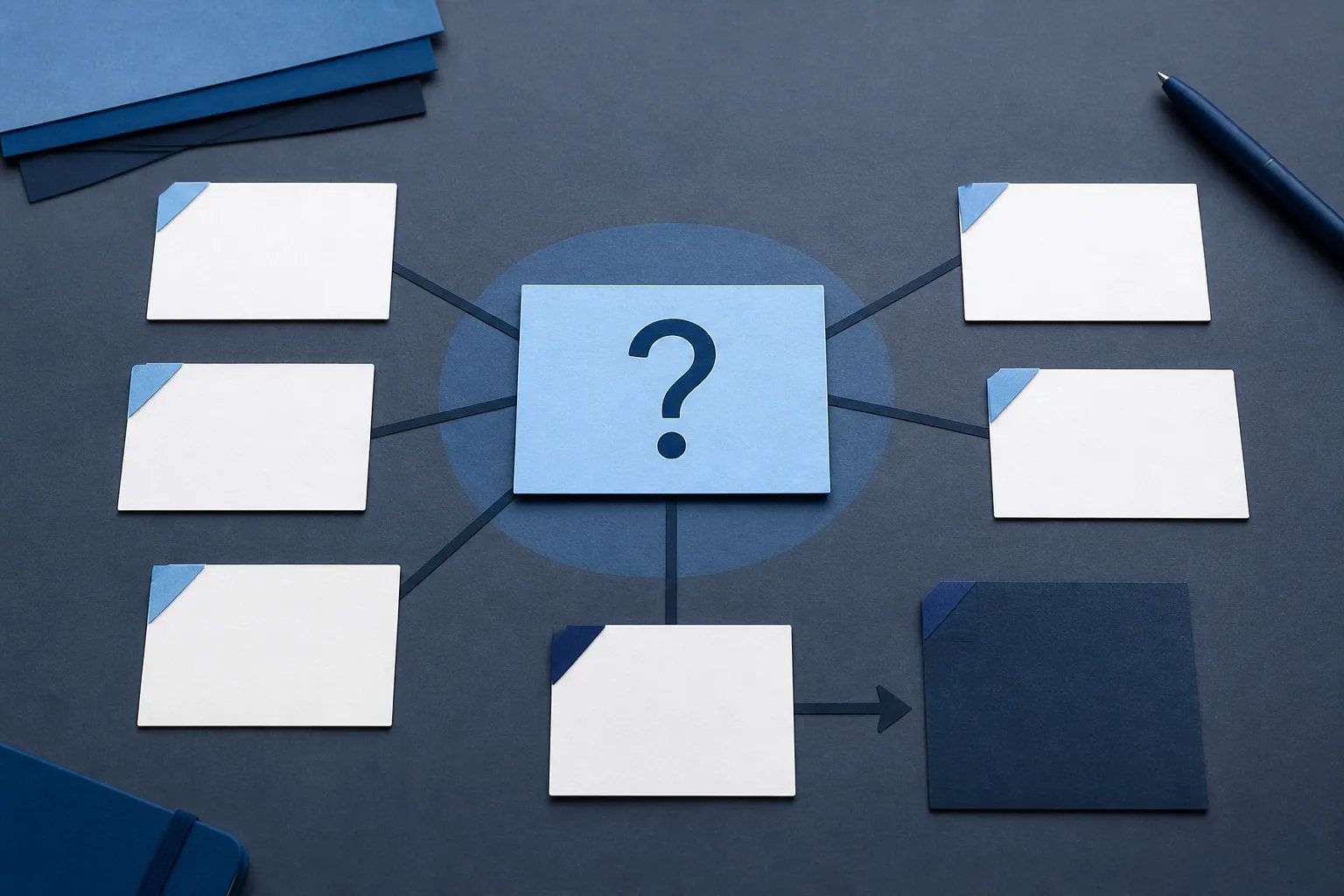 Illustration of a central customer question connected to follow-up question cards and a next-step card on a content planning board.