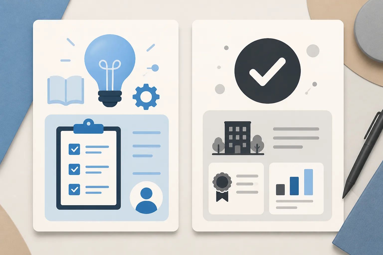 Illustration of separate educational guidance and verified business fact panels using abstract icons and checkmarks.