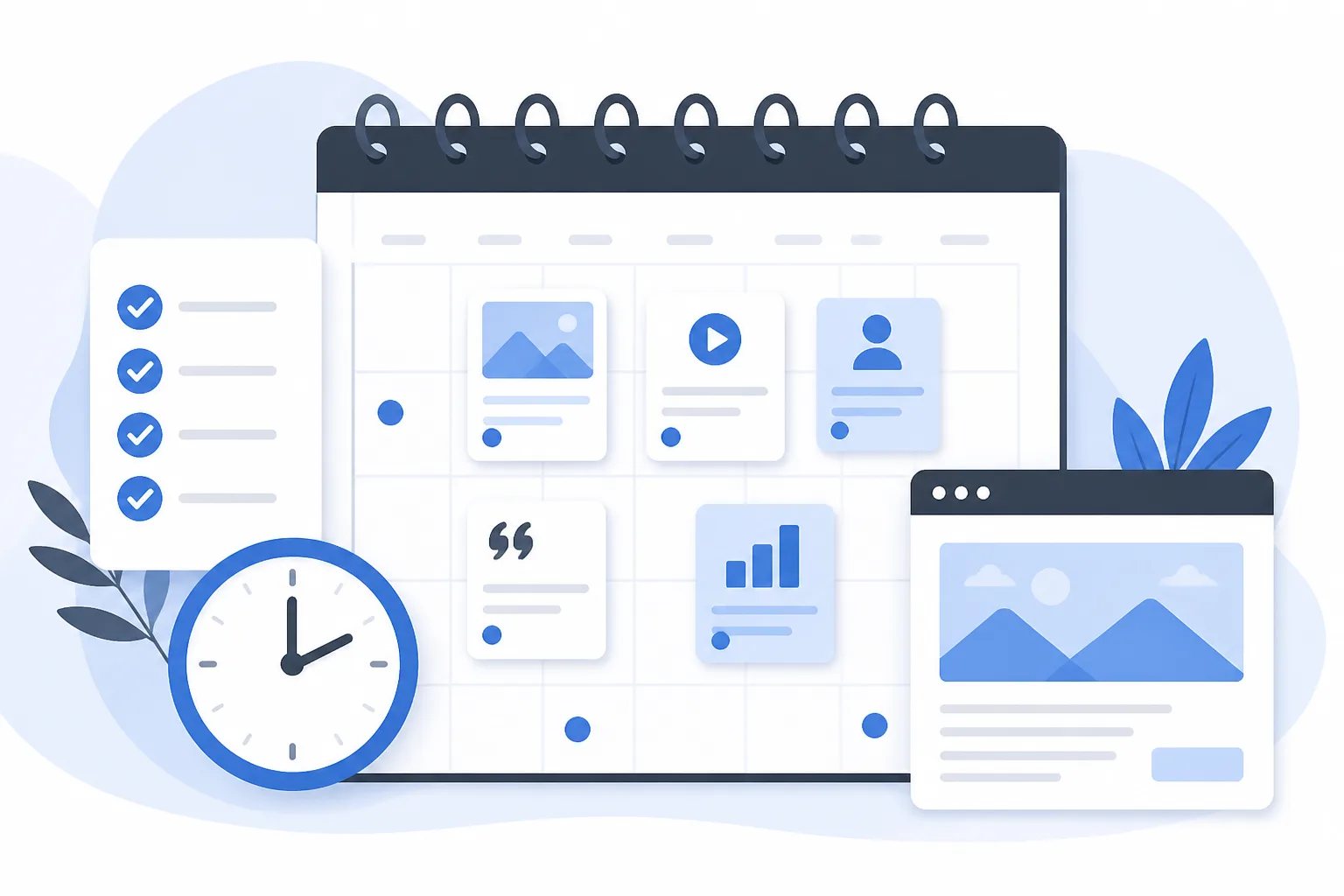 Graphic showing a content calendar, review checkmark, clock, and blog post preview for WordPress scheduling.