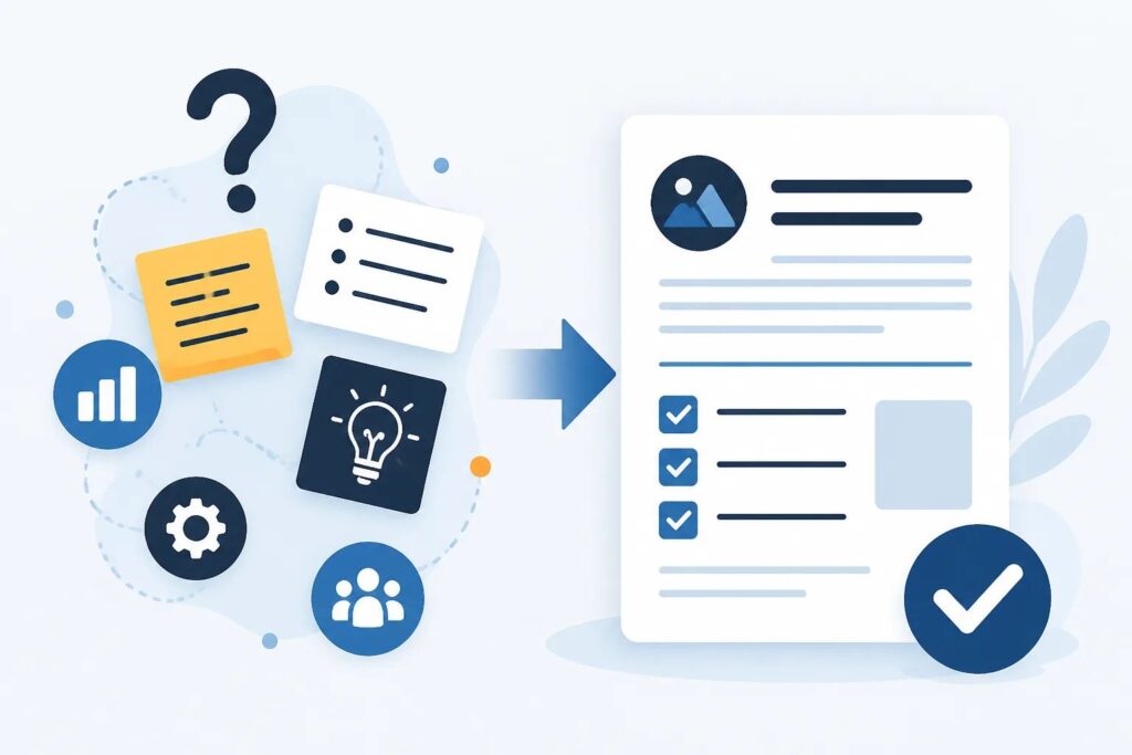 Clean graphic of business notes becoming a structured blog article with headings and a review checkmark.