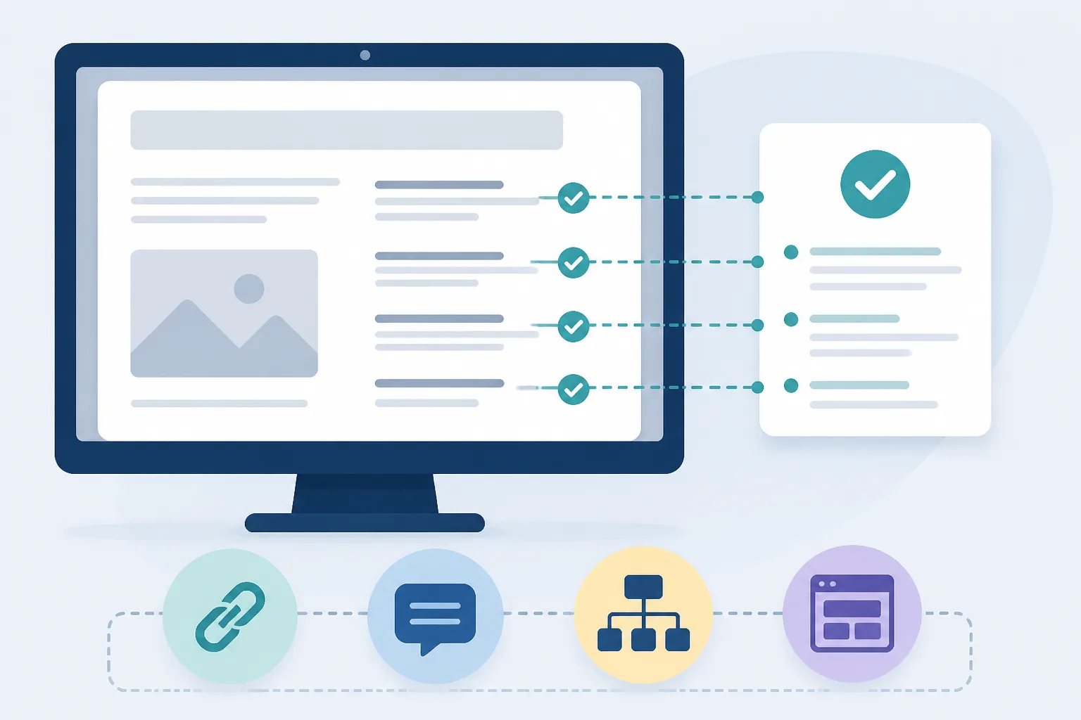 Graphic of an AI article draft being checked against verified business information before publication.