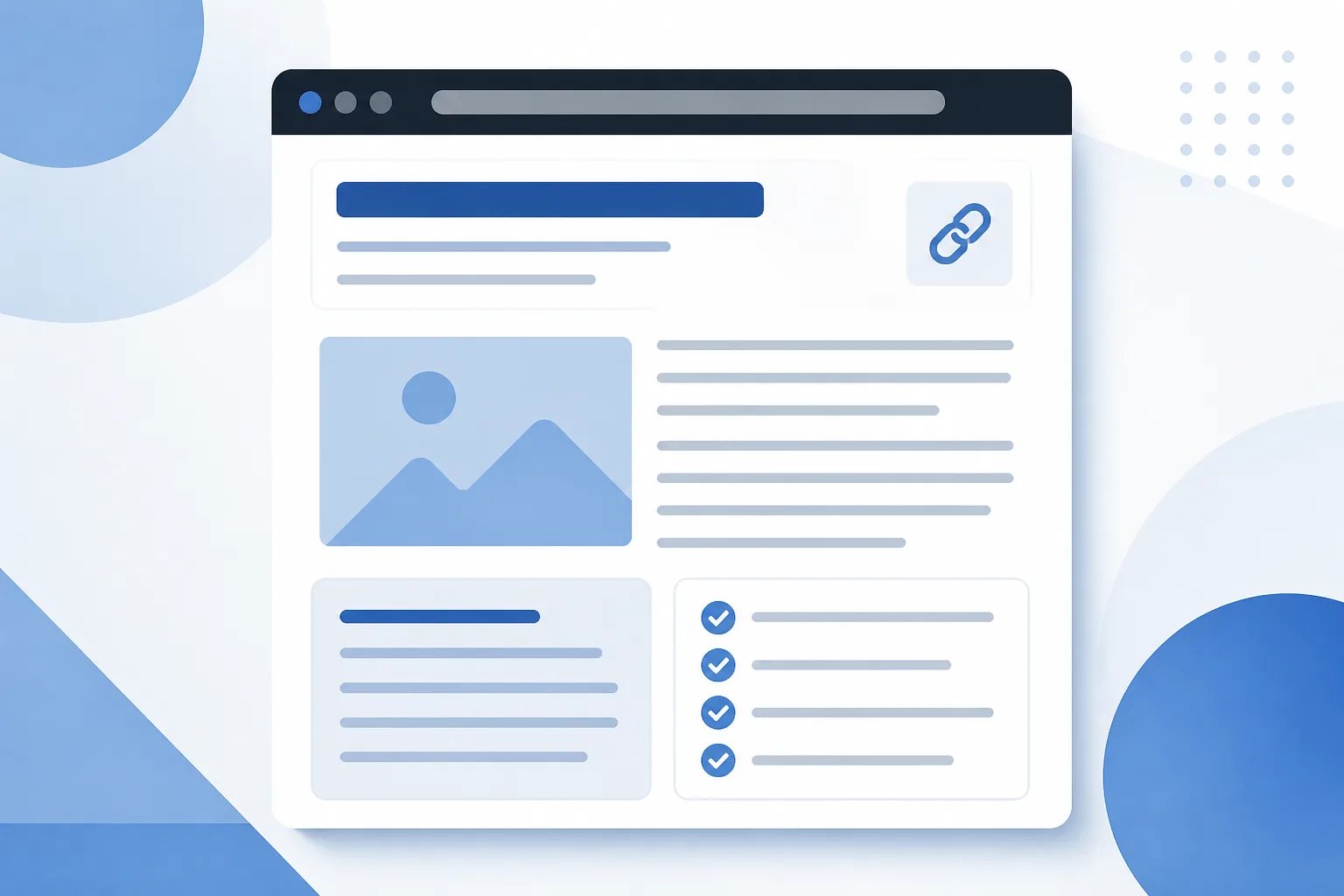 Clean graphic showing an organized WordPress article layout with headings, link, image, summary, and checklist elements.