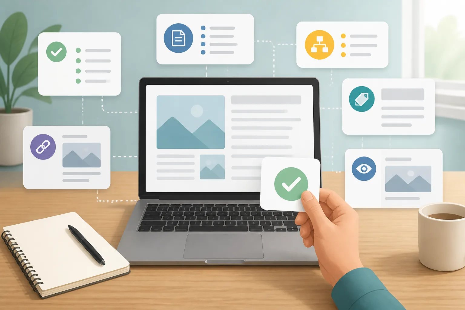 Illustration of an article review workflow with a generic WordPress layout and cards for facts, structure, links, metadata, and preview.