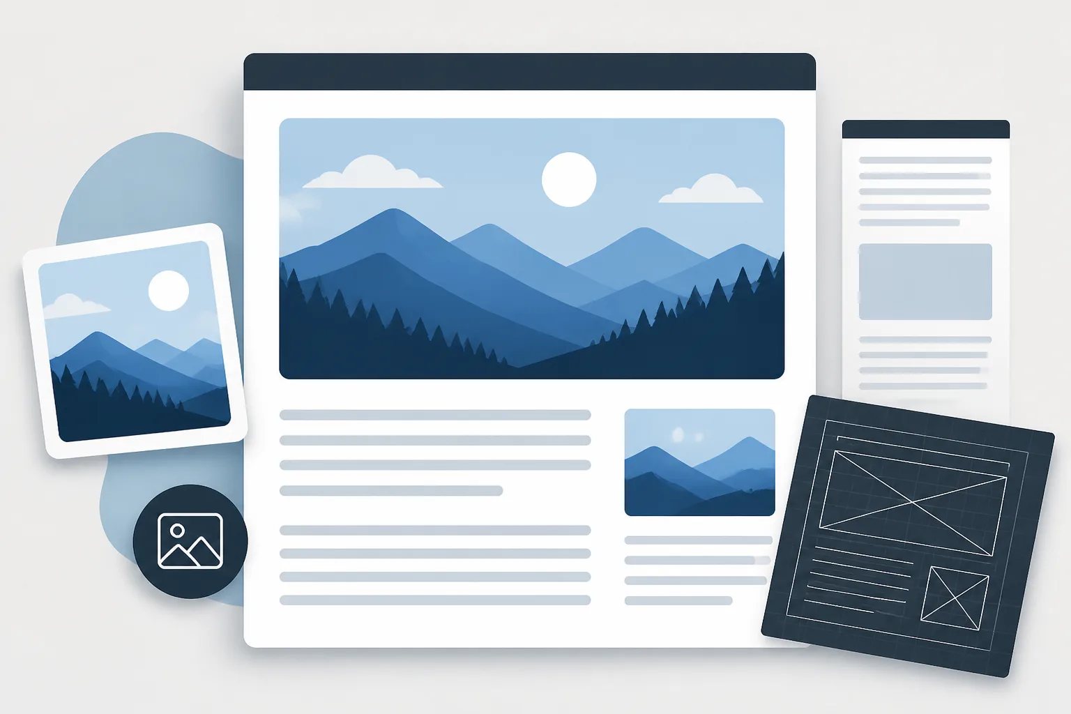 Illustration of a blog post image planning board with a featured image frame, supporting image, alternative text icon, and article layout.
