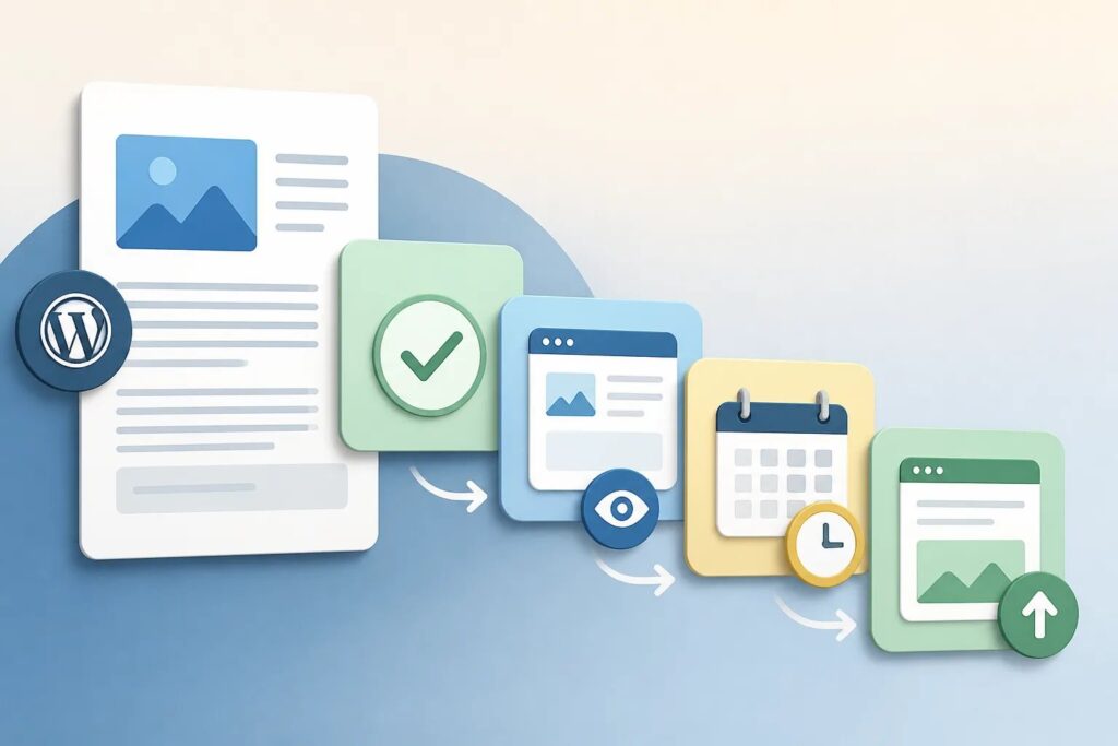 Clean graphic showing an article moving through review, preview, scheduling, and publication stages.