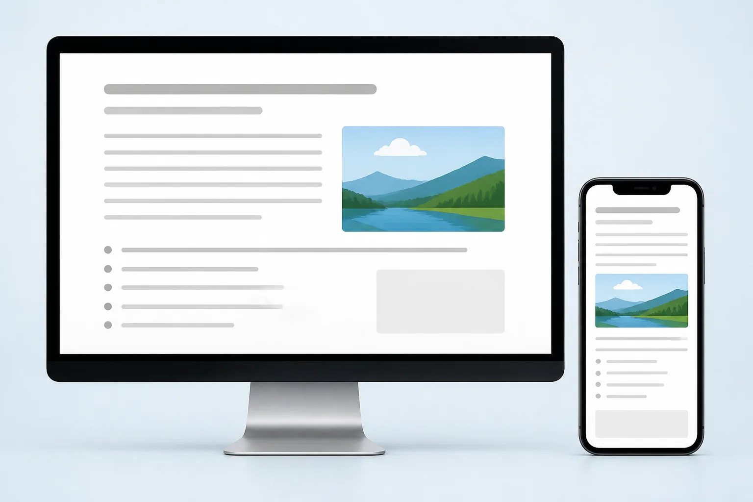 Desktop monitor and smartphone showing the same responsive article layout for a pre-publication display check.
