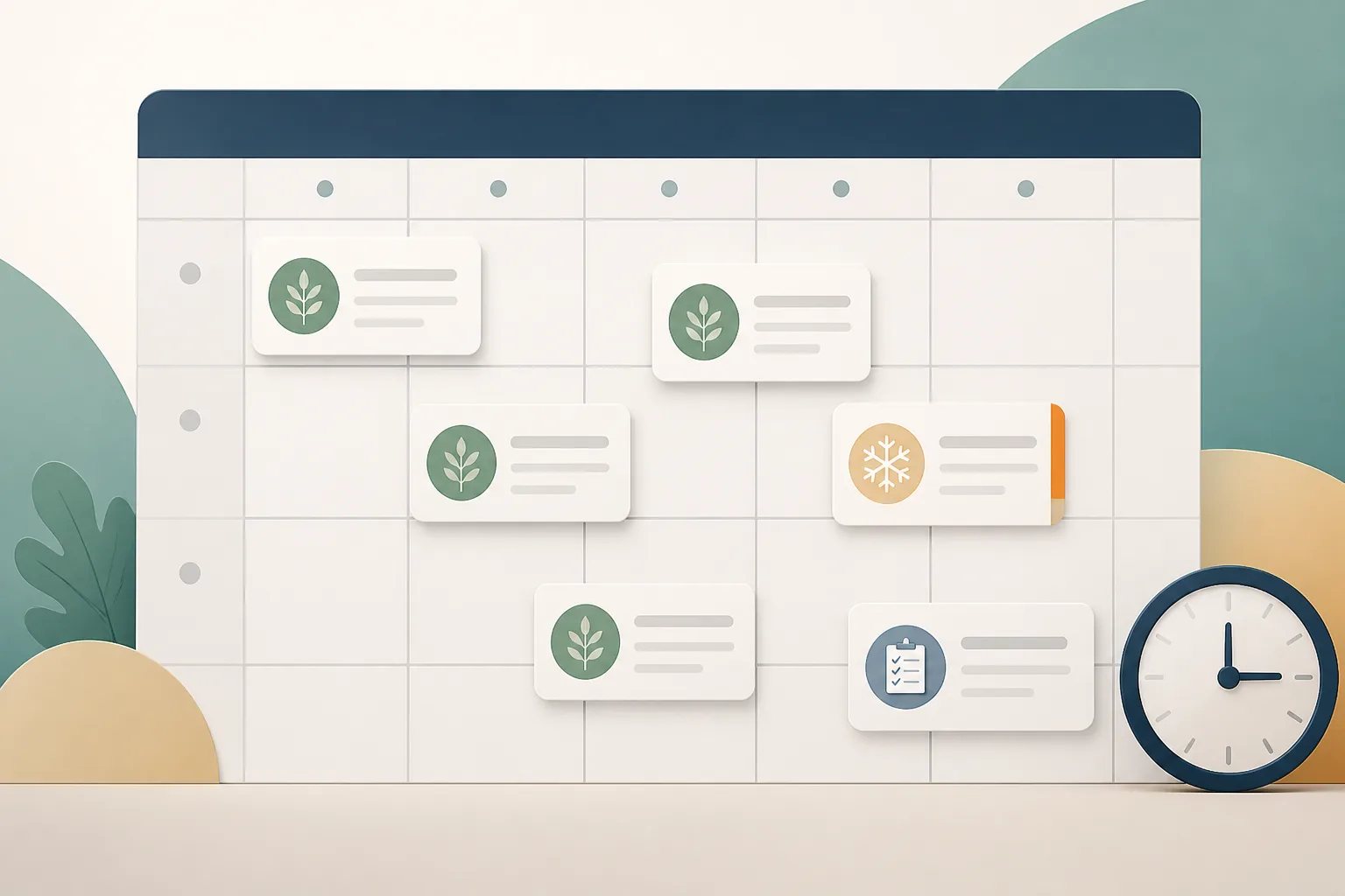 Content calendar graphic with article cards, an evergreen symbol, a seasonal timing symbol, and a review reminder.