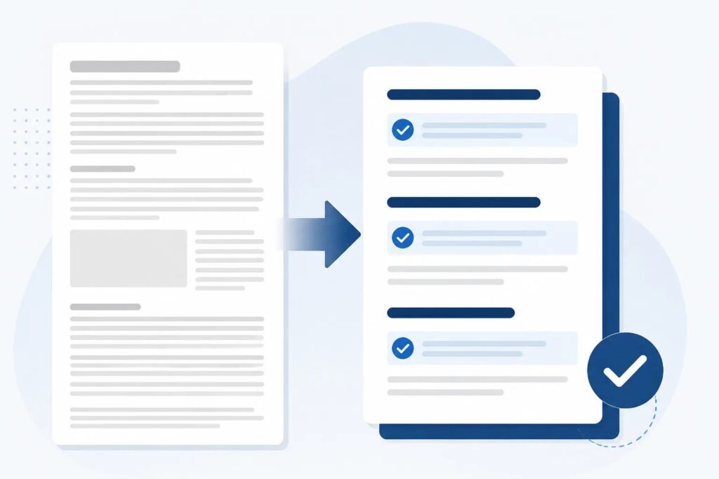 Clean graphic of a long article being edited into a shorter structured business blog post.