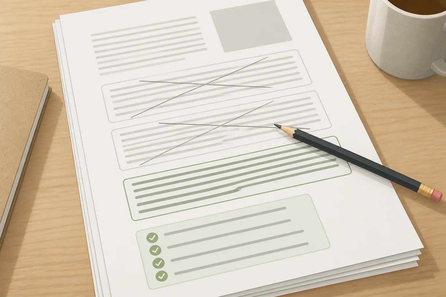 Editorial illustration of duplicate lines being removed from a business blog draft while useful content remains highlighted.