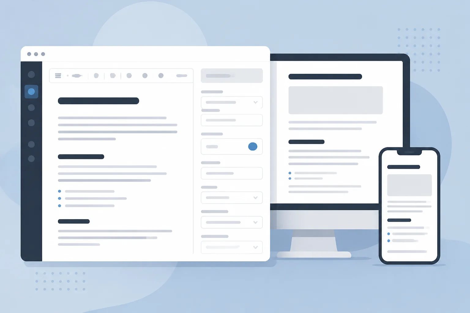 Generic article editor layout with structured headings, short paragraphs, metadata blocks, and desktop and mobile previews.