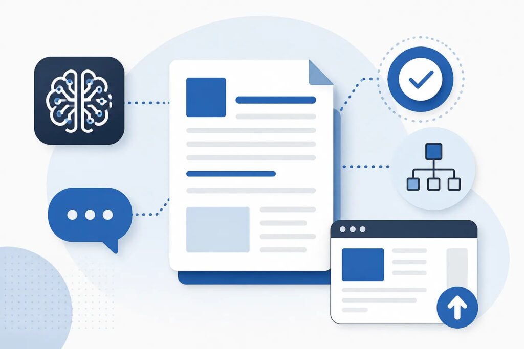 Clean graphic showing a structured article document connected to icons for brand voice, fact checking, outlining, and publishing.