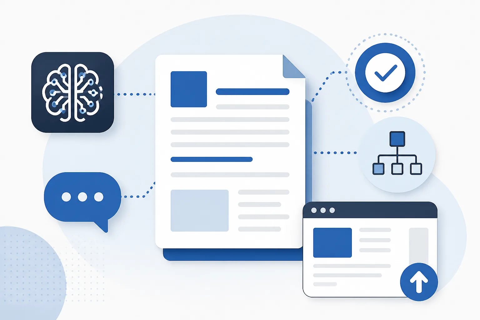 Clean graphic showing a structured article document connected to icons for brand voice, fact checking, outlining, and publishing.