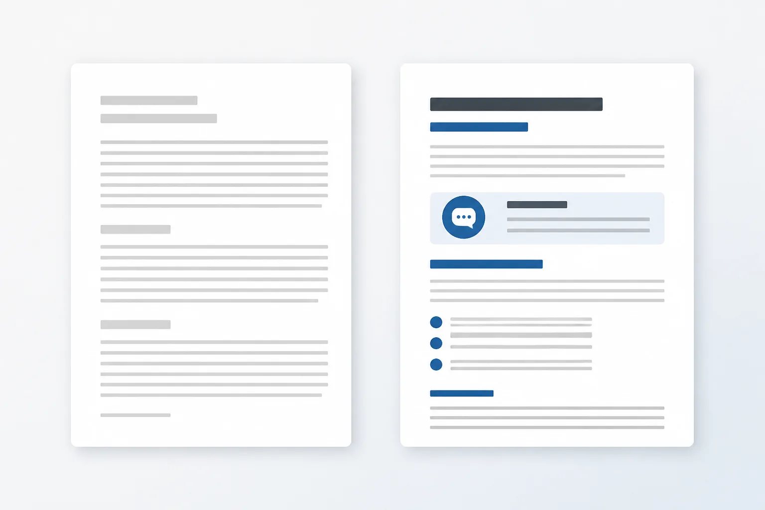 Side-by-side graphic comparing a generic article layout with a structured article using distinct business terminology.
