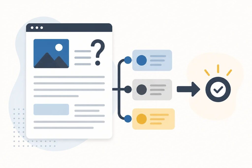 Clean graphic of a blog post layout organized into a customer question, practical sections, a checklist, and a decision path.