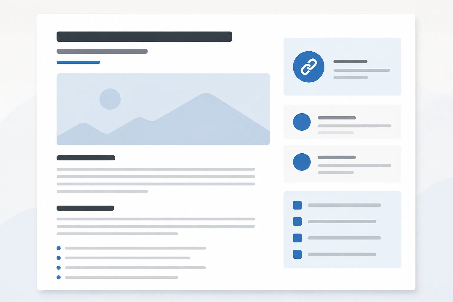 Graphic of a structured article layout with headings, short paragraphs, links, metadata, and an image placeholder.