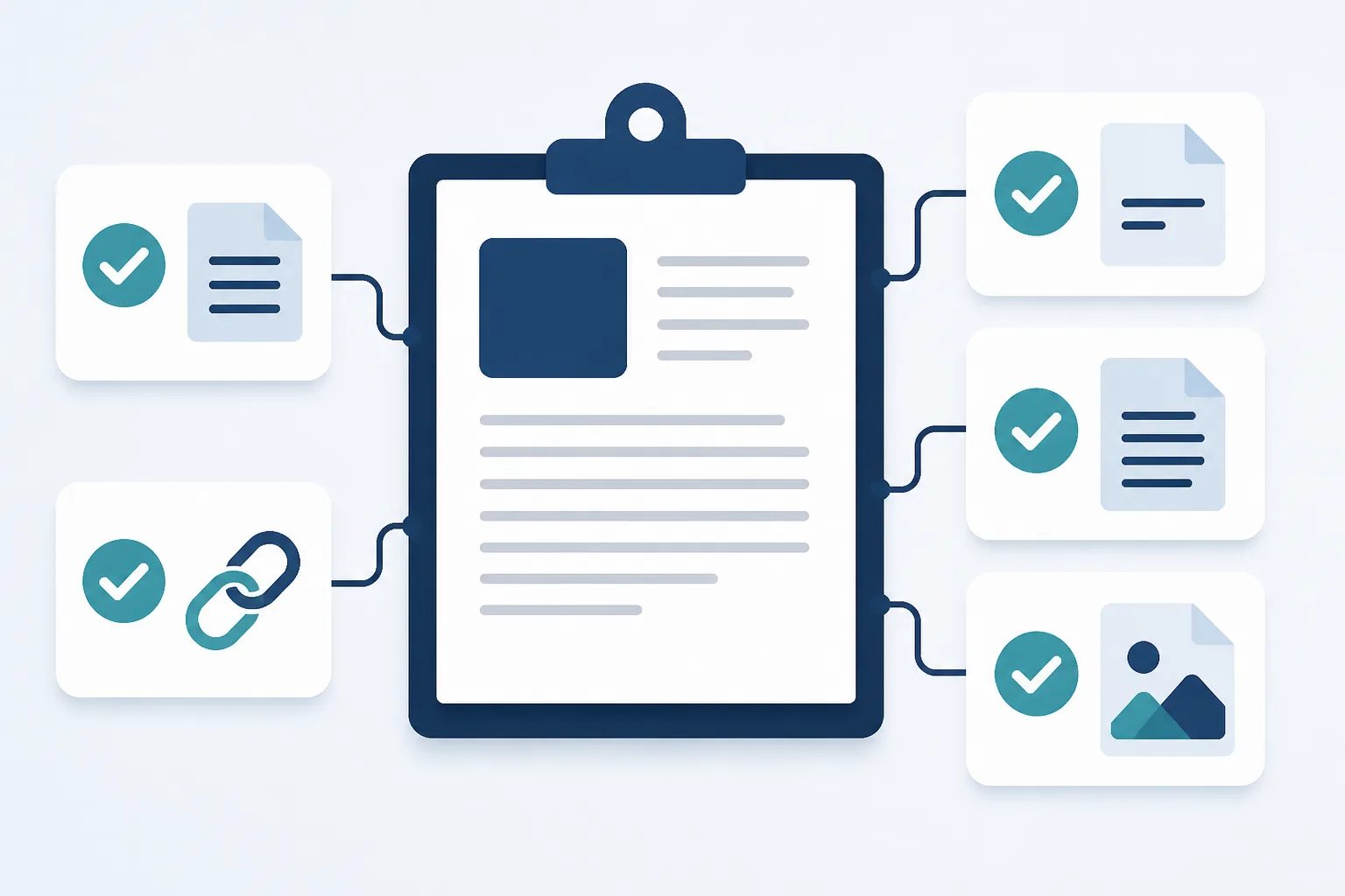 Graphic showing a business blog review board with claim checks, internal linking, metadata, and image alternative text.