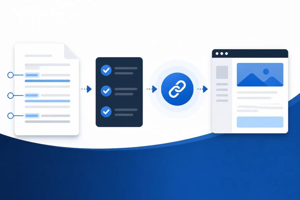 Clean graphic showing an AI-written business article being checked for accuracy, links, and publishing details.