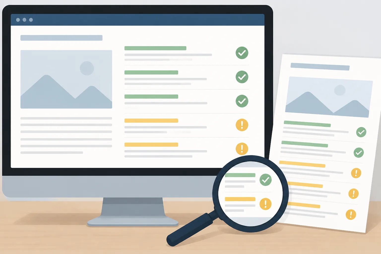 Illustration of an article draft being checked against a business fact sheet, with confirmed and flagged claim markers.