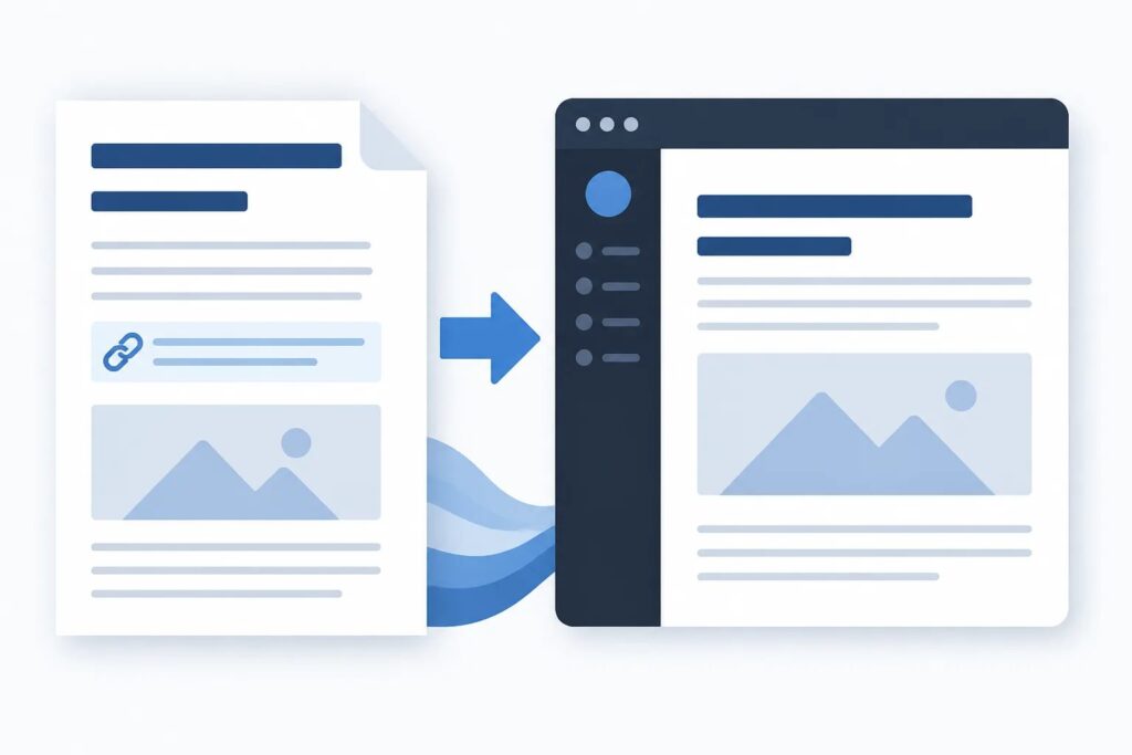 Clean graphic of a structured article layout moving into a WordPress publishing page with headings, links, image placeholder, and preview elements.