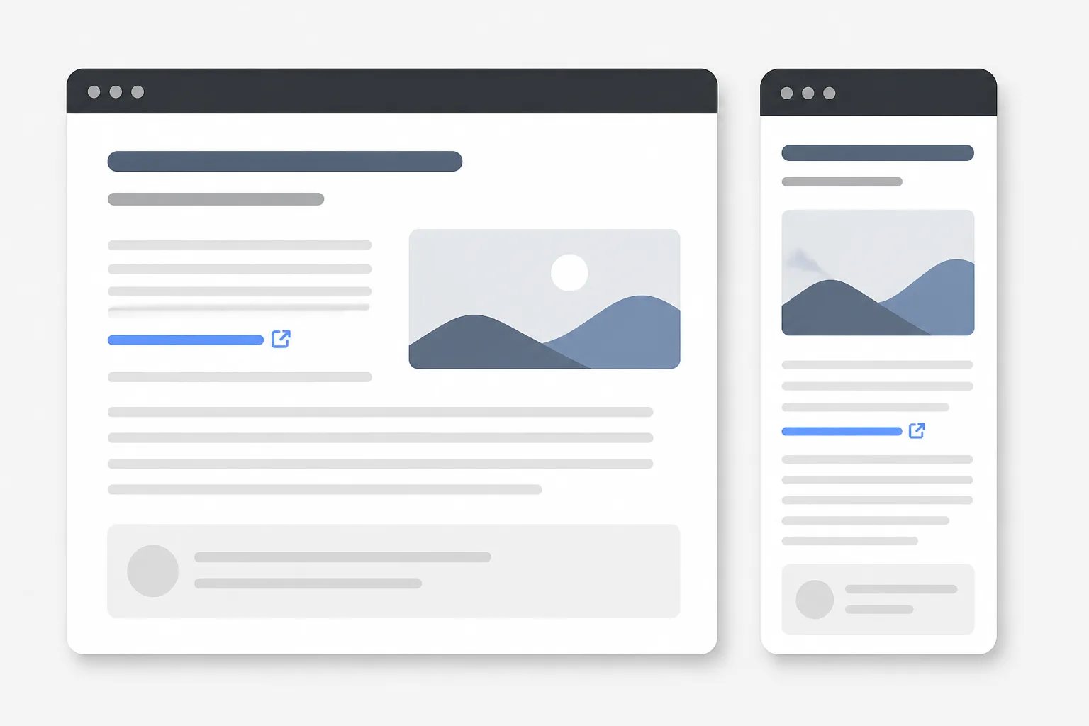 Graphic of the same article previewed in wide desktop and narrow mobile page layouts.